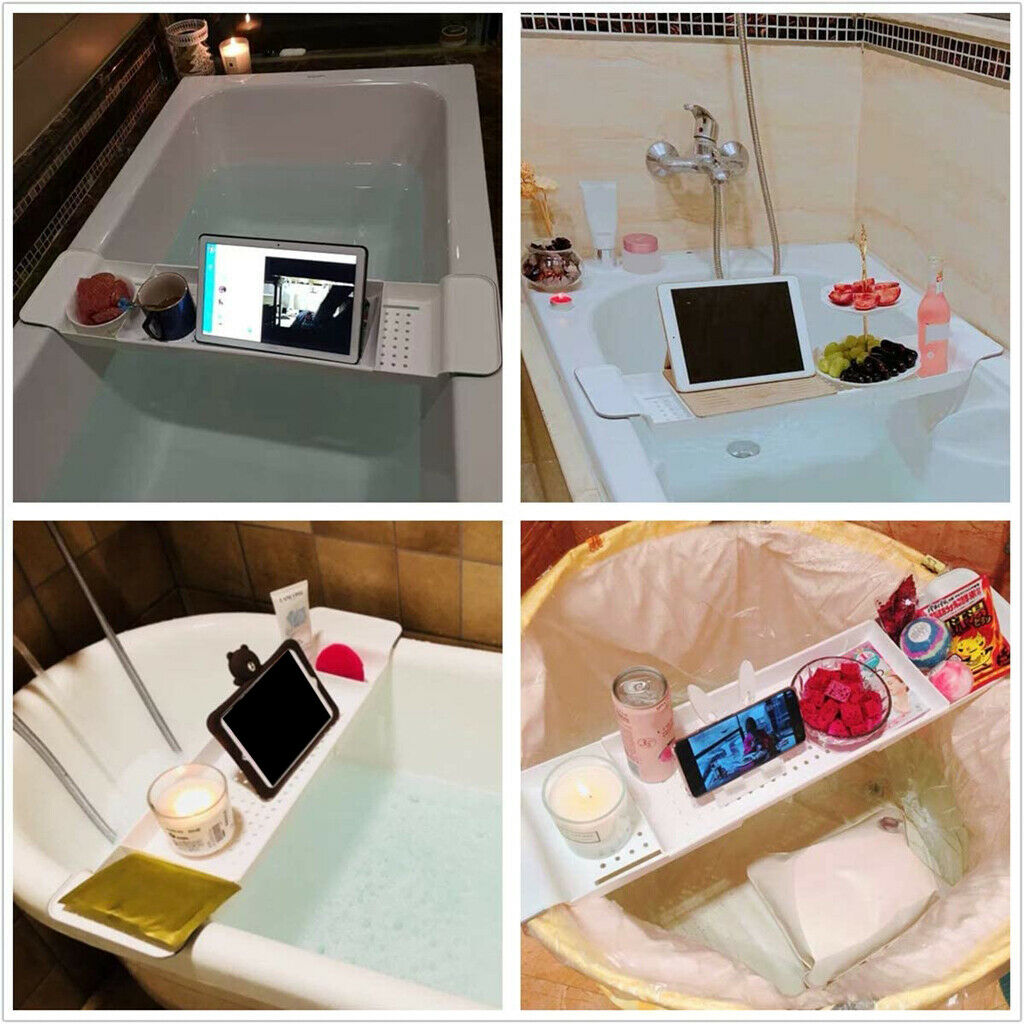 Plastic White Telescopic Bath Tray Rack Shelf
