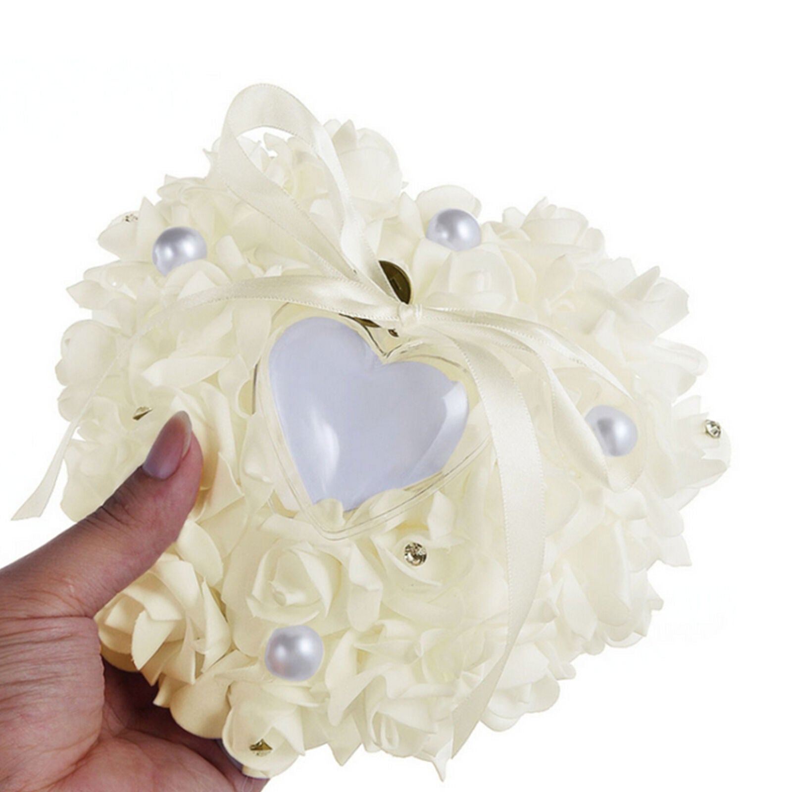 Wedding Ceremony White Satin Crystal Flower Ring Bearer Pillow Cushion Gifts