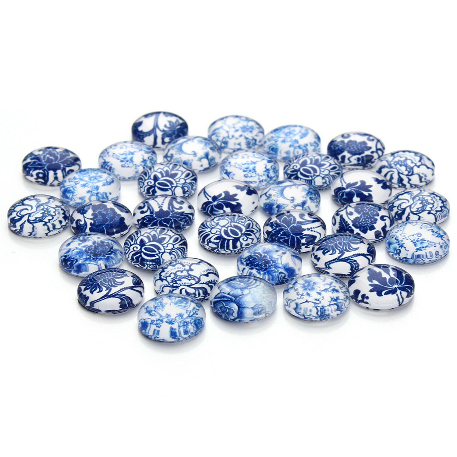 30pcs Round Glass Mixed Blue and white Porcelain Pattern Cabochon Flat Back 12mm