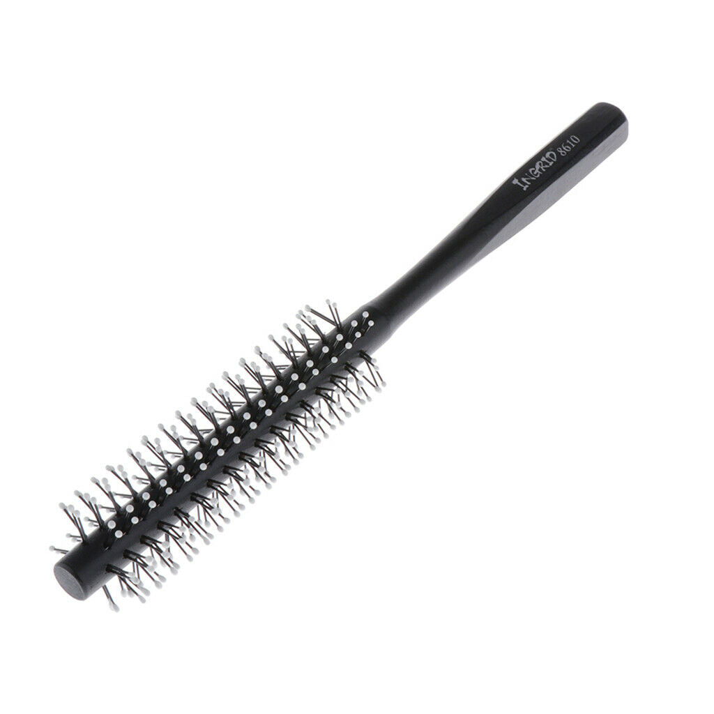 Mini Round Hair Brush Nylon Bristles Black Long Wood Handle Hair