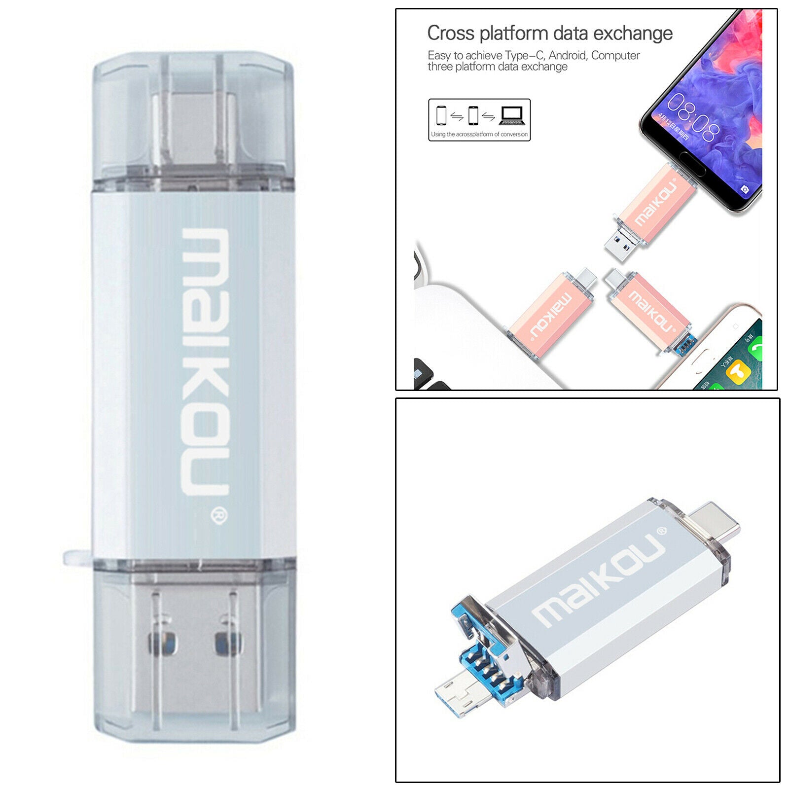 3-in-1 64G USB 3.0 Flash Drive Type-C Micro USB Memory Stick for Phone PC