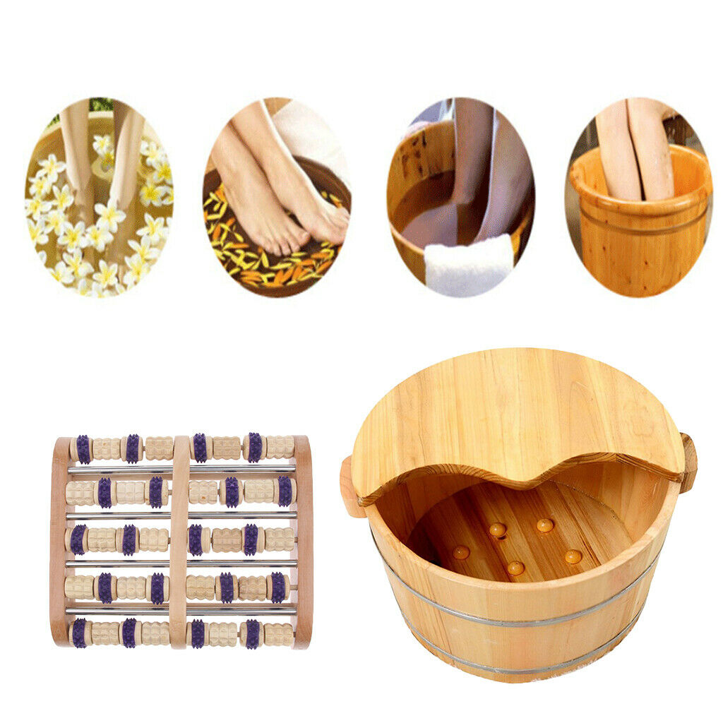 Practical Wood Foot Basin Tub Bath Soaking Bucket Dual Foot Massager Roller