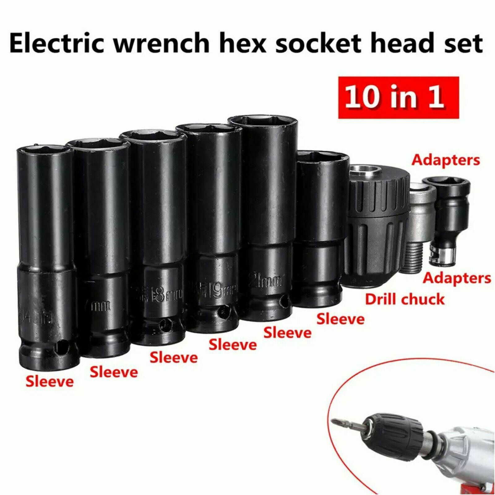 10pcs Air Impact Wrench Socket Set 1/2'' Square Drive Metric Drill Chuck Adapter