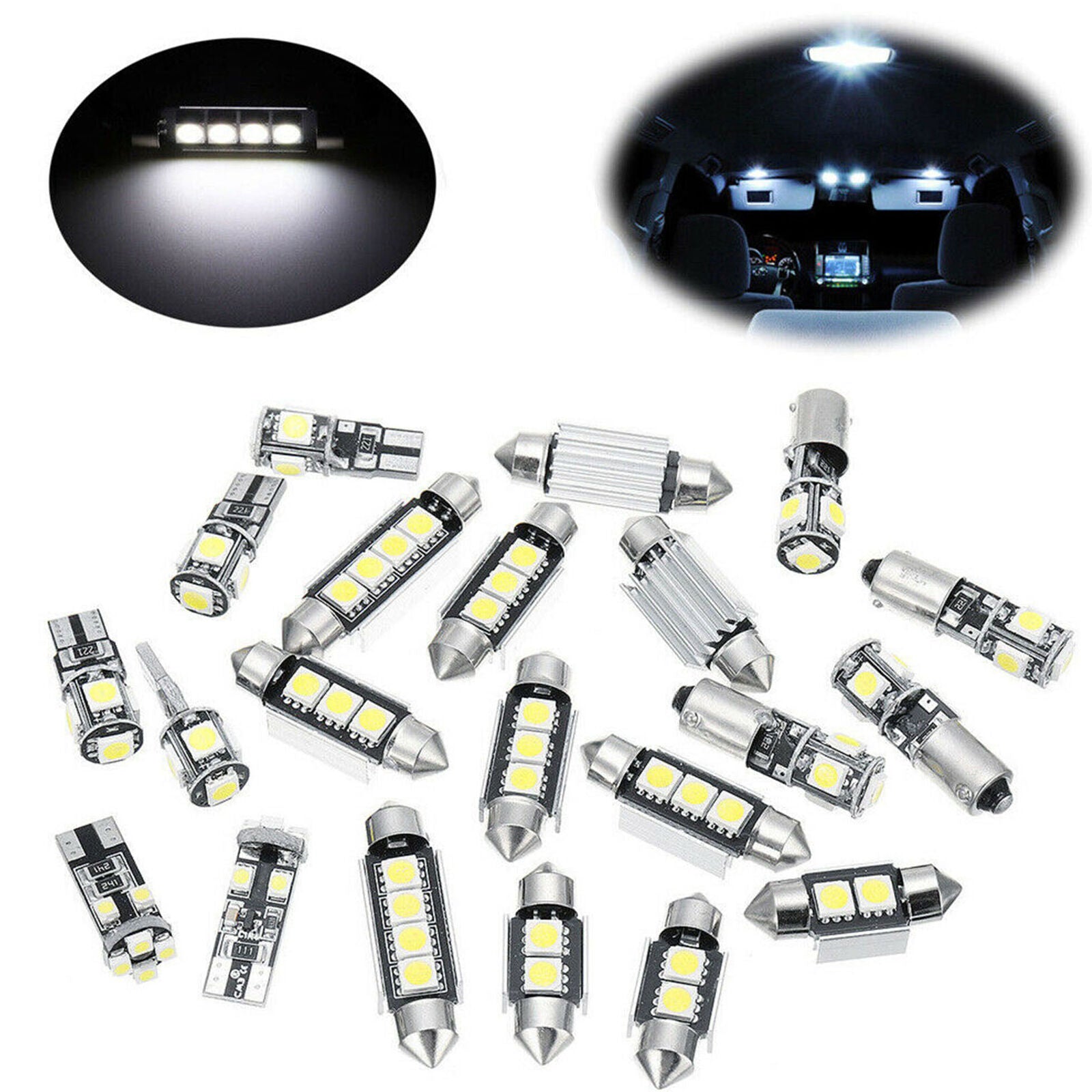 21pcs Interior White LED Light Kit Car Dome Door Footwell License Plate Bulbs
