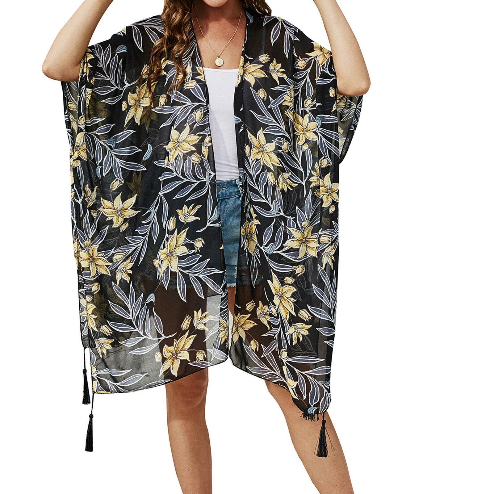 Women Floral Jacket Coat Loose Sun Protection Cardigan Cape Chiffon Top