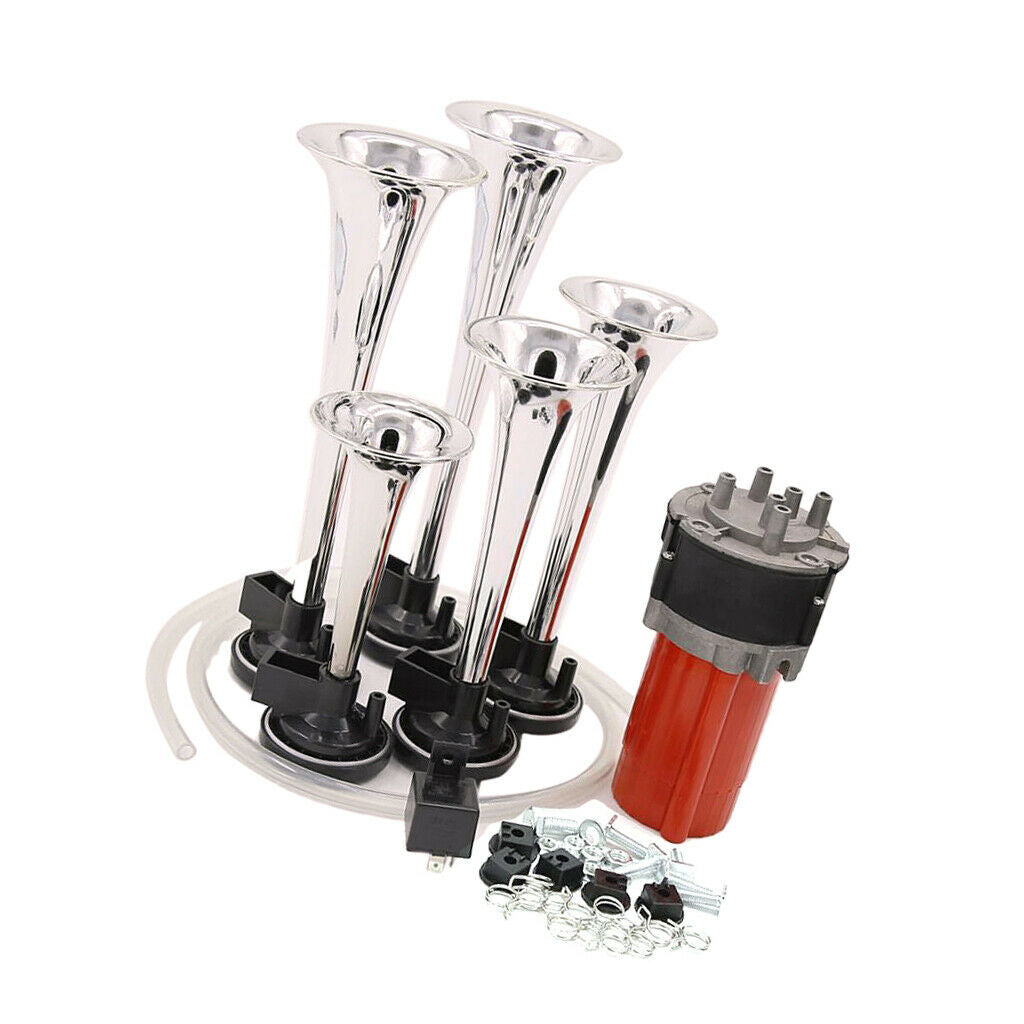Musical Jazz Air Horn 5 Trumpet Super Loud 130db 12V Compressor Set Car Truck