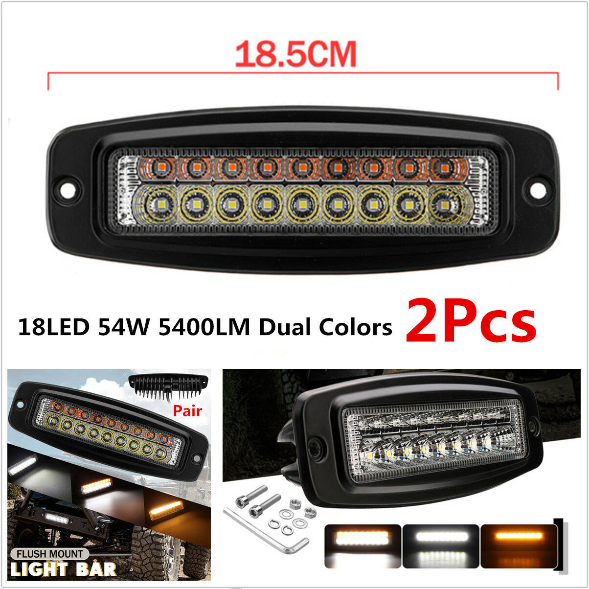 2Pc 7.3" 18LED 54W 5400LM Dual Color Combo Led Work Light For Car Off-Road Truck