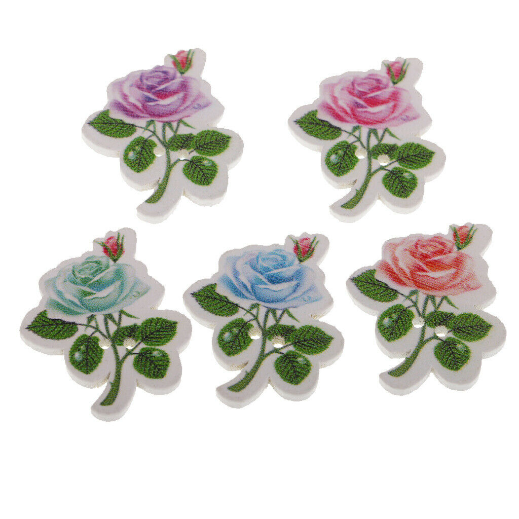 50pcs Rose Flower Shape 2 Holes Wooden Button for Scrapbooking Decoration