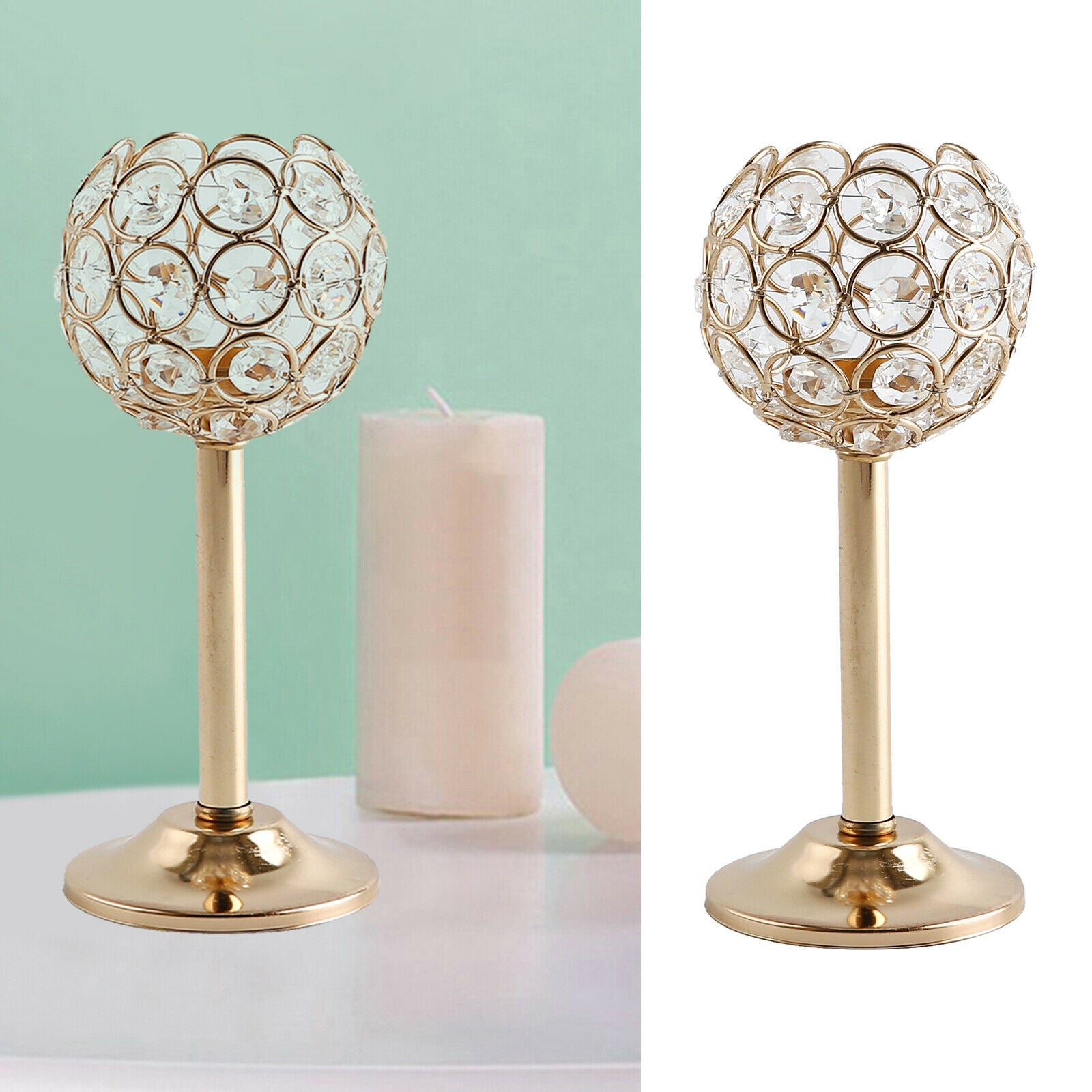 Diamante Crystal Tea Light Candle Holder Wedding Occasion Home 19cm Golden