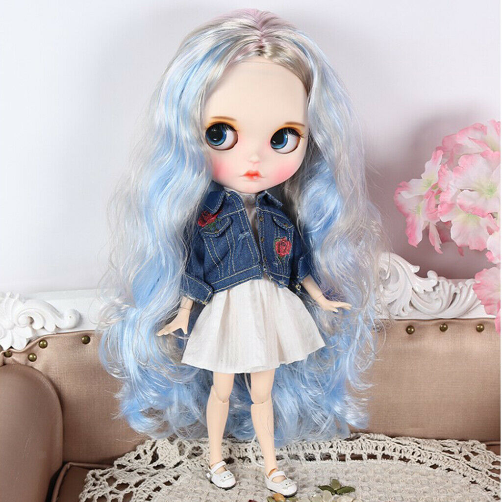 Wavy Culry Wig with Silicone Headshell, Gradient Blue Hair for 1/6 Blythe Pullip