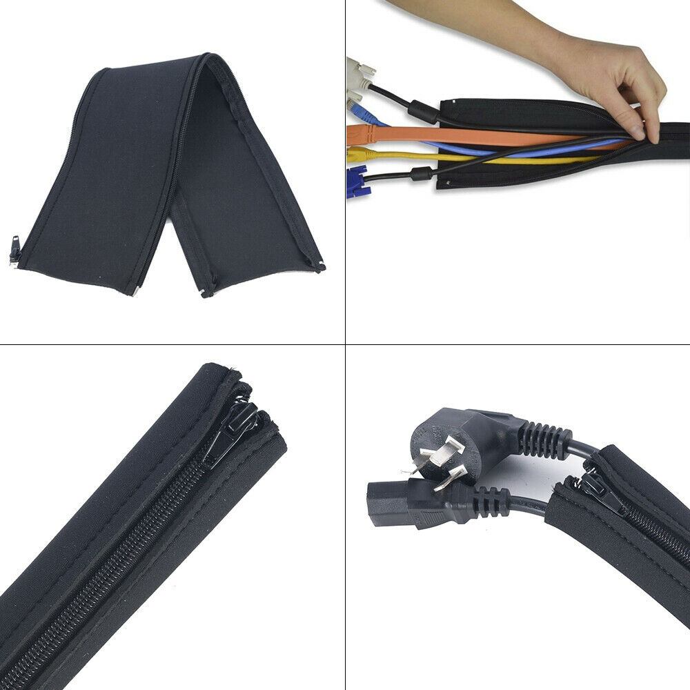 1X Neoprene Cable Zipper Management Sleeve Wrap Wire Hider Cover Organizer Black