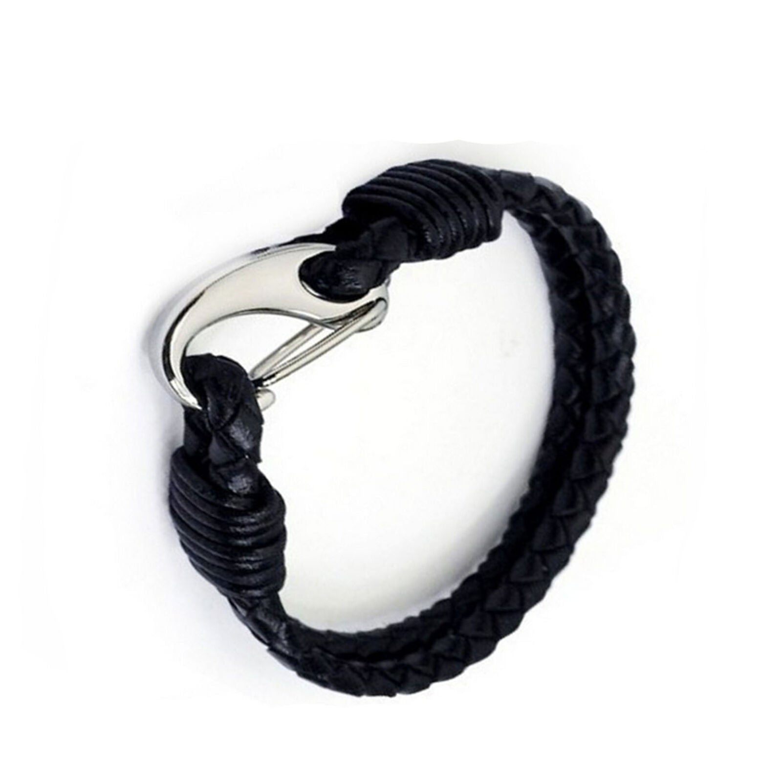 Men's Double Braided Black Leather Bracelet with Stainless Steel Clasp Bangle 8"