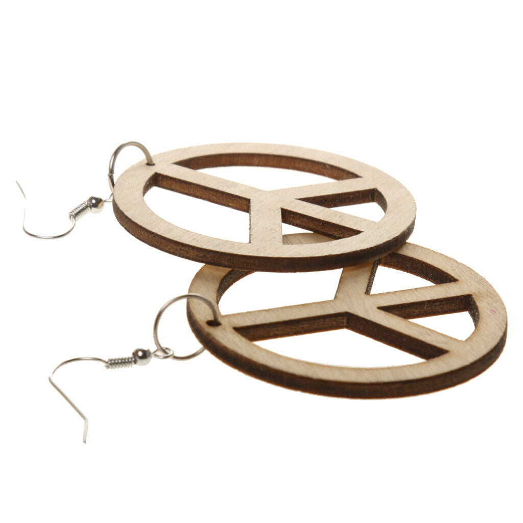 Hollow Anti War Peace Sign Wooden Drop Dangle Hook Earrings