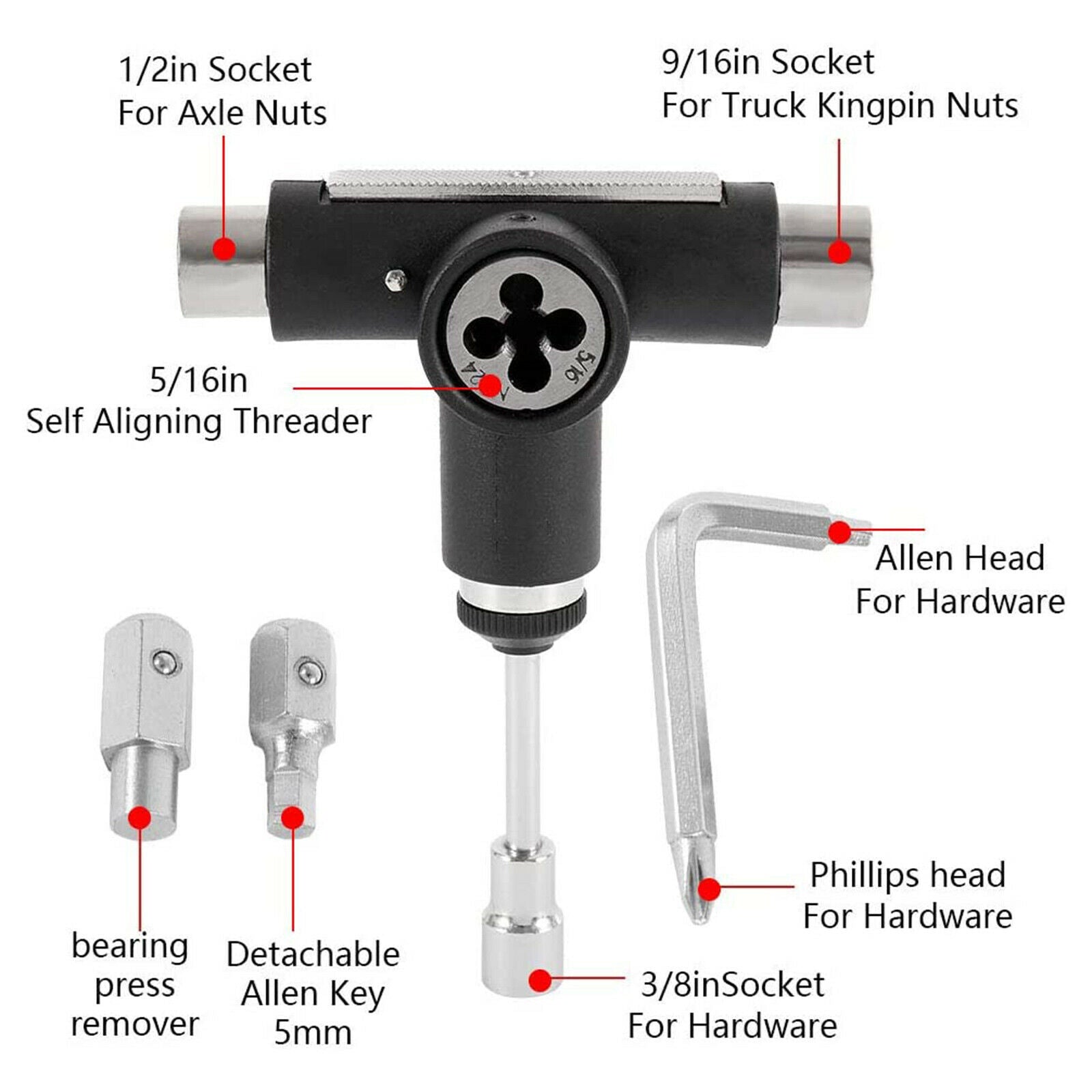 All In One Skateboard Roller Skate Longboard T Tool Wrench Spanner Black