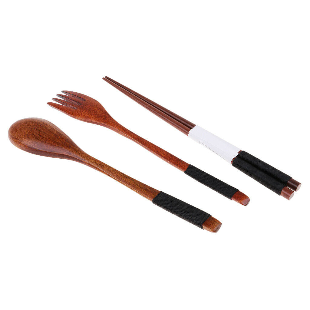 Portable Travel Camping Compact Utensil Set Wood Spoon Fork Chopstick Black
