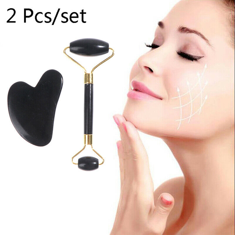 Obsidian Stone Jade Roller Massager Face Lift Gua Sha Set Skin Care Bea NfA BU