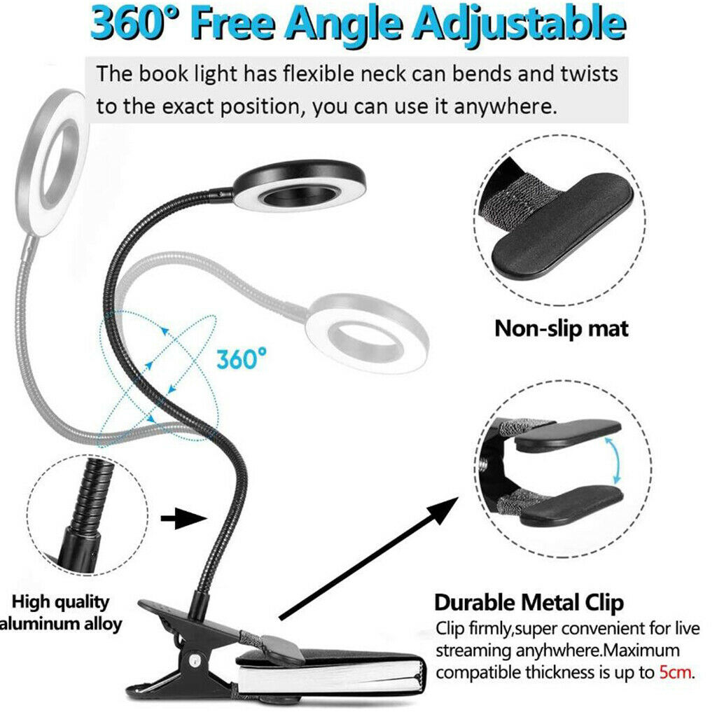 USB   Clip On Desk Lamp Reading Light 3 Color Modes Book Clamp Light