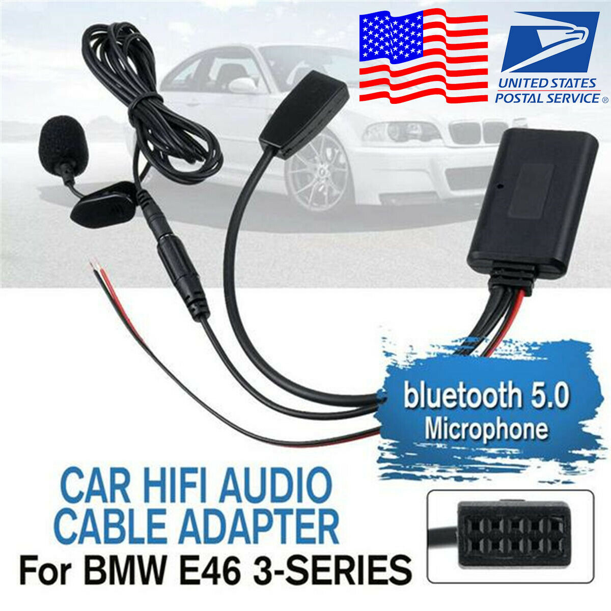 Car 10-pin Bluetooth 5.0 Audio Cable Auxiliary Adapter + Microphone For BMW E46