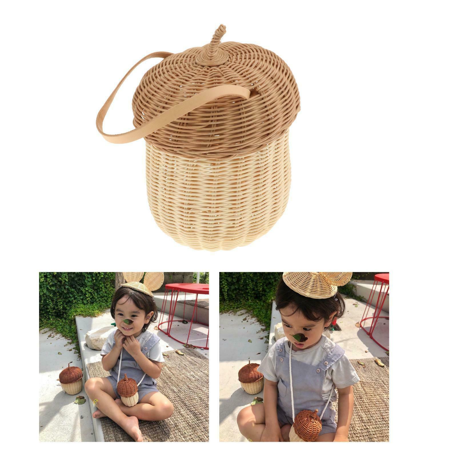 Girls Straw Purse Bag Pine Cones Rattan Basket Beach Tote Handbag Photo Prop