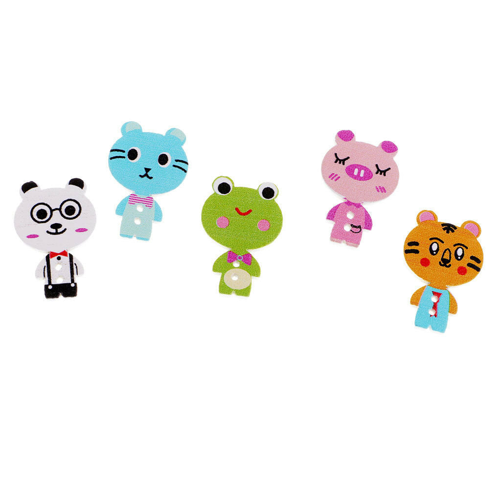 50pcs Lovely Cartoon Animal Wood Sewing Buttons 2 Holes for Scrapbook Crafts