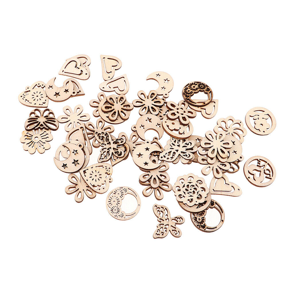 50 Pieces Mixed Wooden Cutout Butterfly Flowers Heart Moon Shapes Embellishments