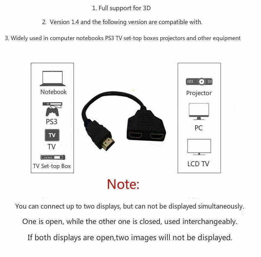 1In2 1080P HDMI Port Male To 2 Female Out Splitter Cable Adapter Converter Home-