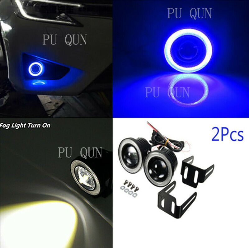 2x High Power Car 3.0" Projector LED Fog Light w/ Blue COB Halo Angel Eye Rings