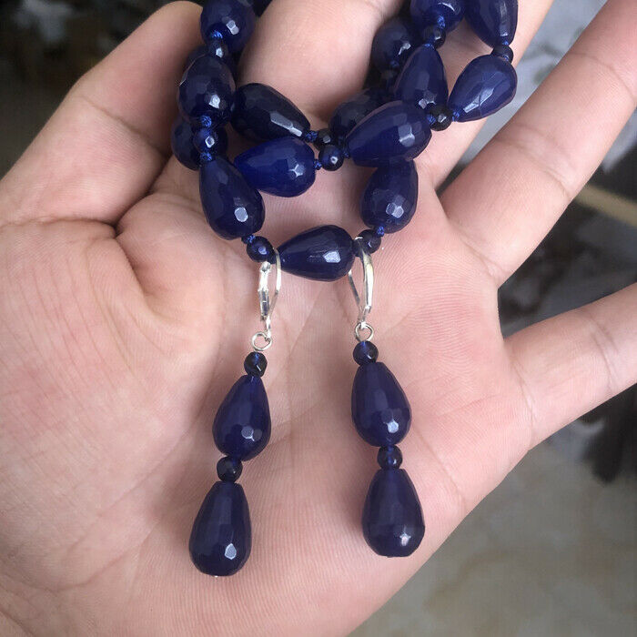 New10x14mm Water Drop Faceted Blue Sapphire Beaded Necklace and Earring Set A+