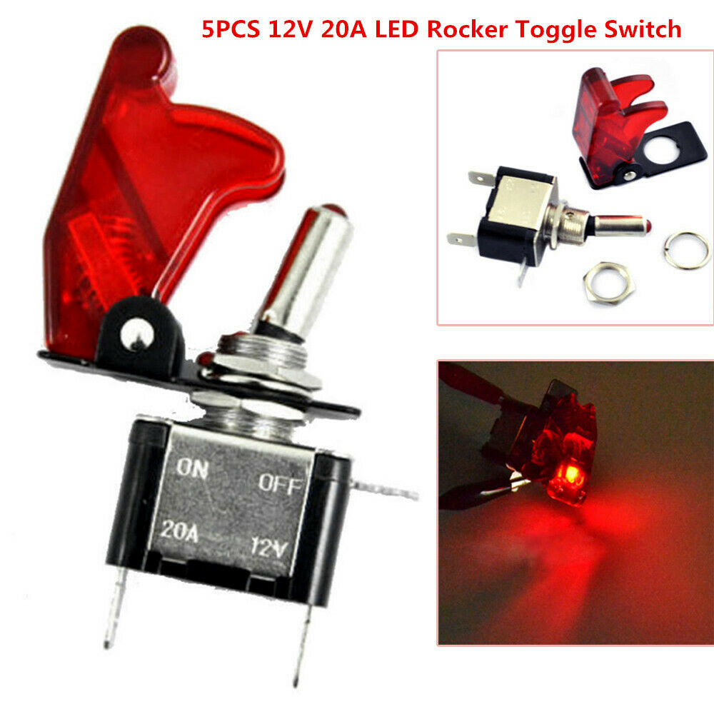 5X 12V 20A Red Cover LED Rocker Toggle Flick Switch SPST ON/OFF Truck Boat 2Pin