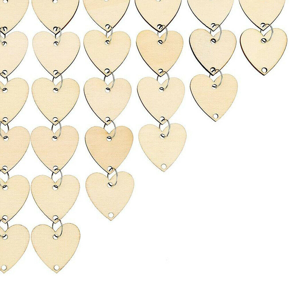 100x Unfinished Wooden Pieces Love Heart Wood Slices Shapes Discs w/ Metal Rings