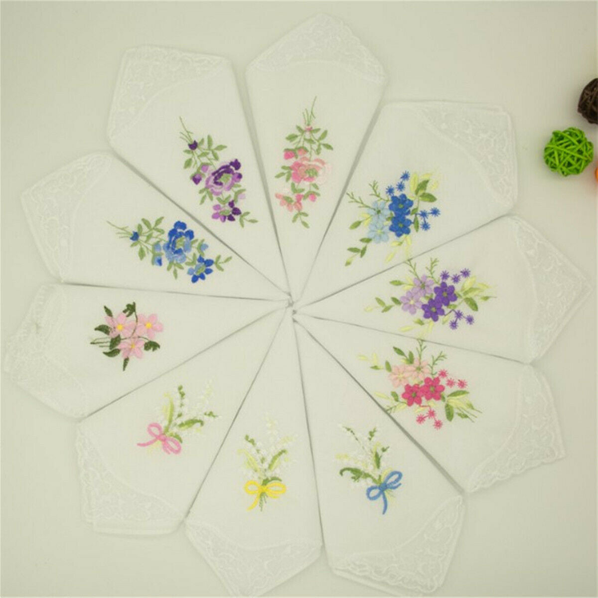 Cotton Embroidered Handkerchief With White Lace Corner Embroidery Handkerchief