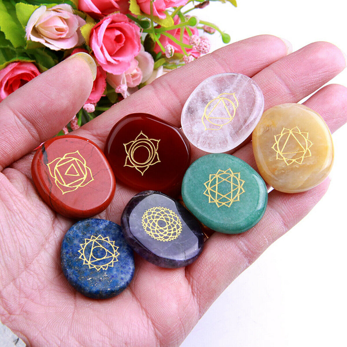 7 Chakra Engraved Gems Set Reiki Healing Quartz Crystal Meditation Stones