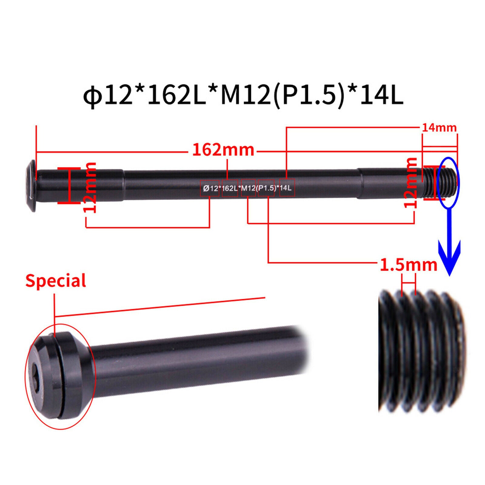 Bicycle QR Thru Axle Shaft Front Rear Hub Skewer 12mm  165mm 1.5mm