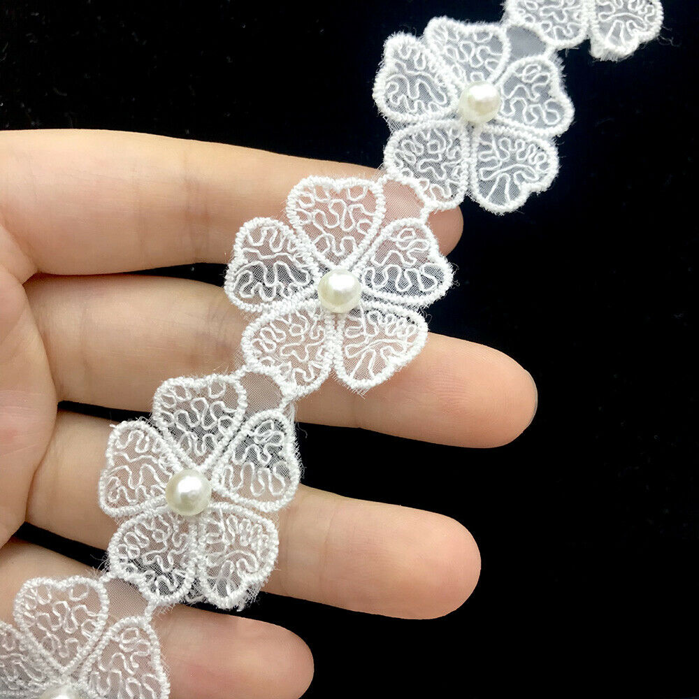 3Y Embroidered Lace Trim Organza Beaded Ribbon Wedding Dress Sewing Fringe DIY