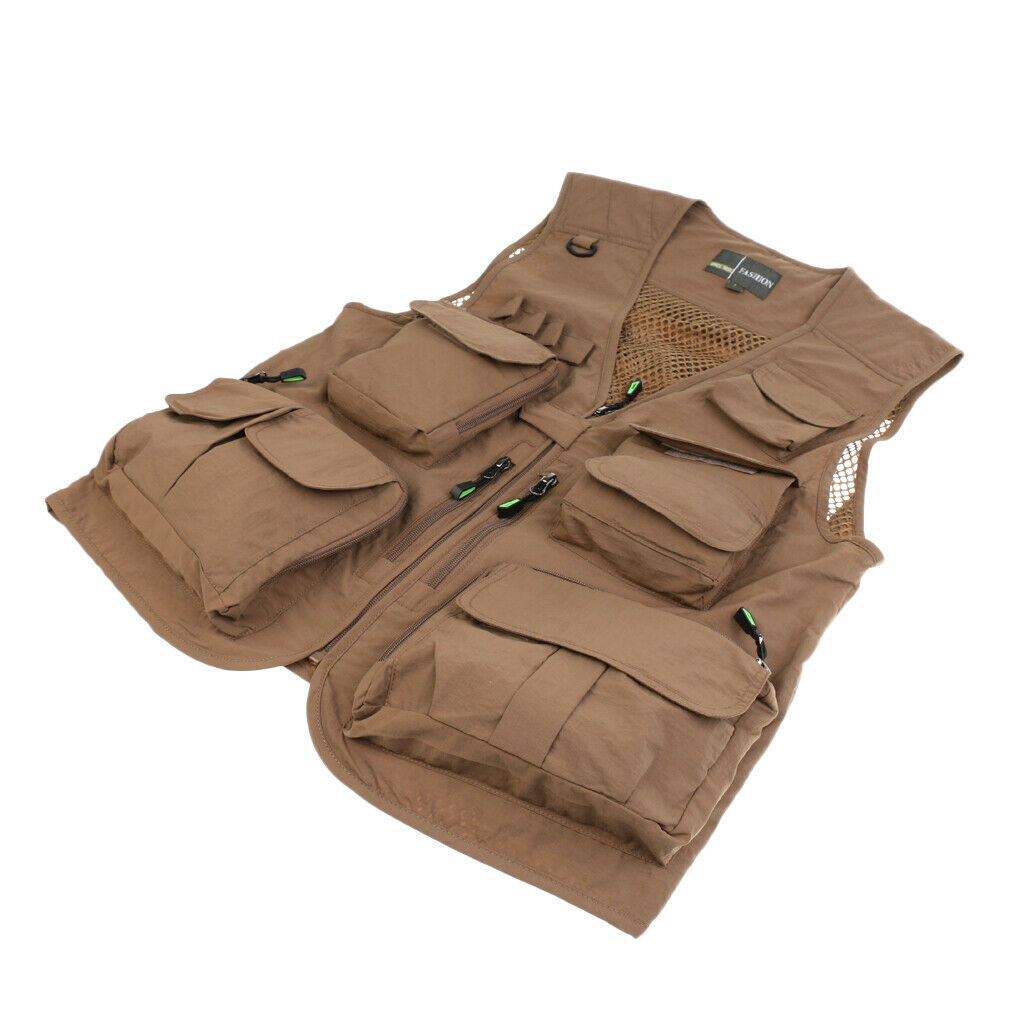 Mens Outdoor Multi-Pocket Fishing Hunting Vest Photography Jacket Khaki 3XL