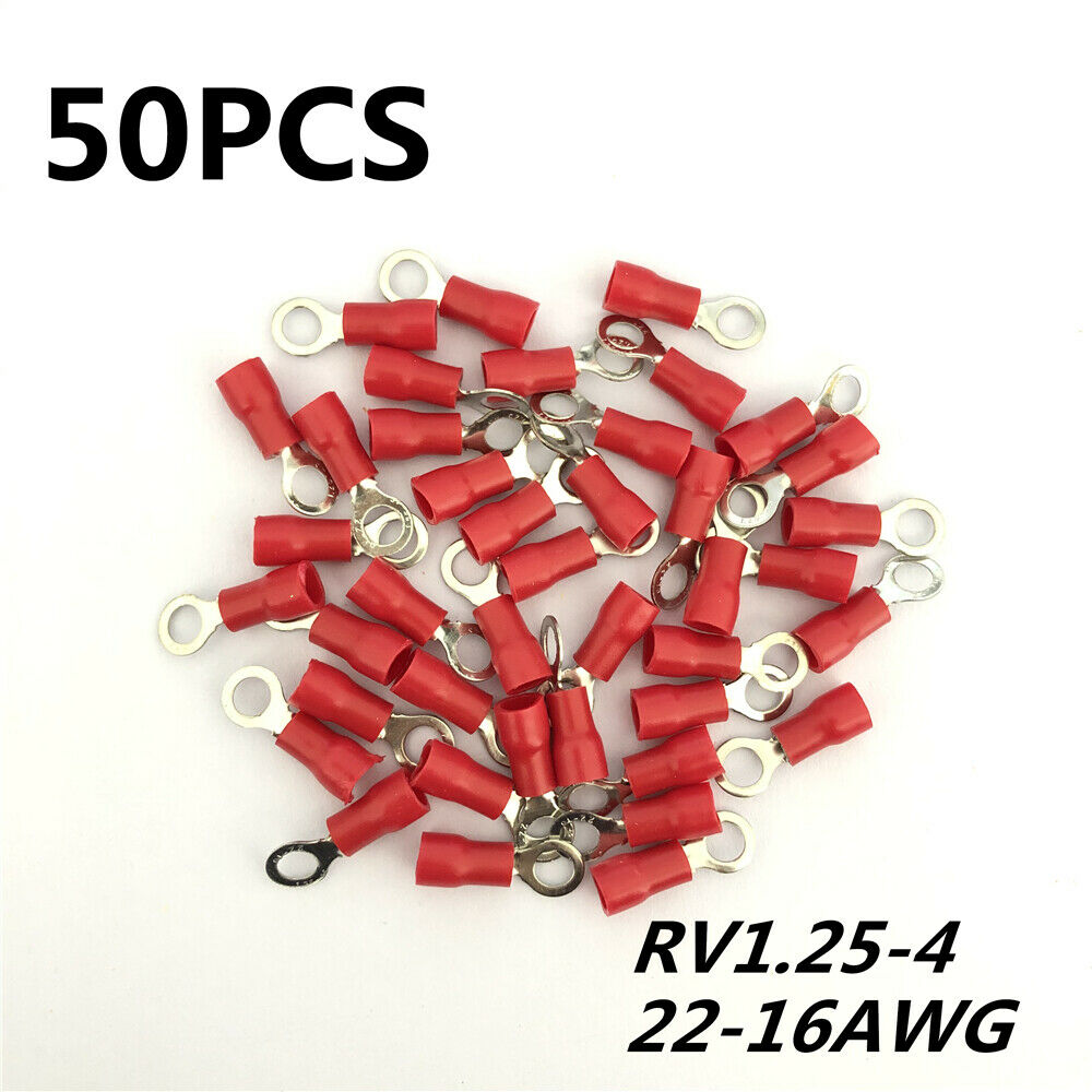50PCS Red Ring Cable Wire crimp Connector terminal block 22-16AWG  RV1.25-4