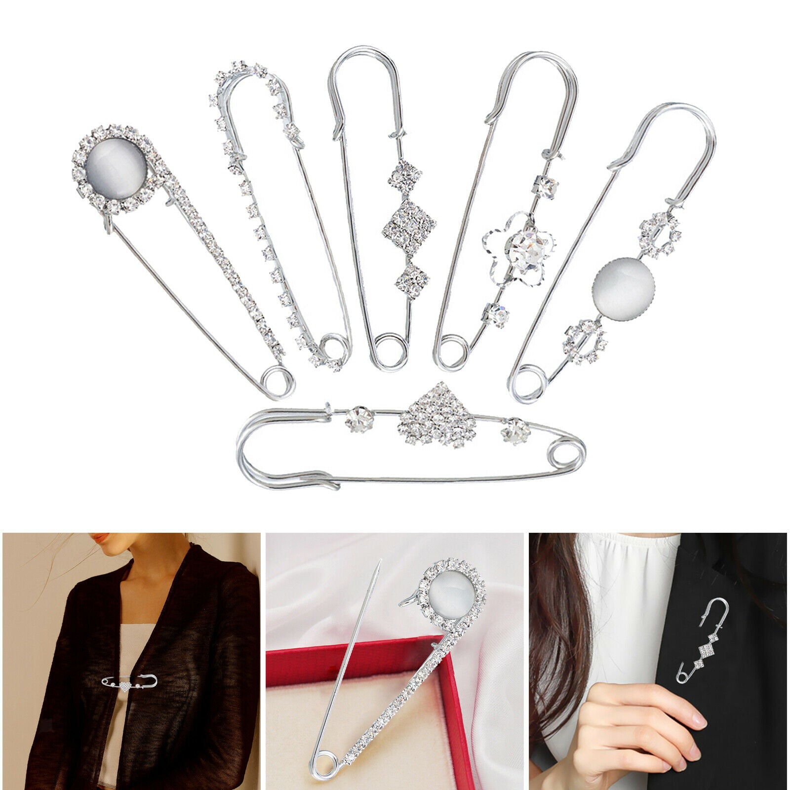 6Pcs Exquisite Women Decorative Crystal Brooch Pins Buckle Shawl Clips