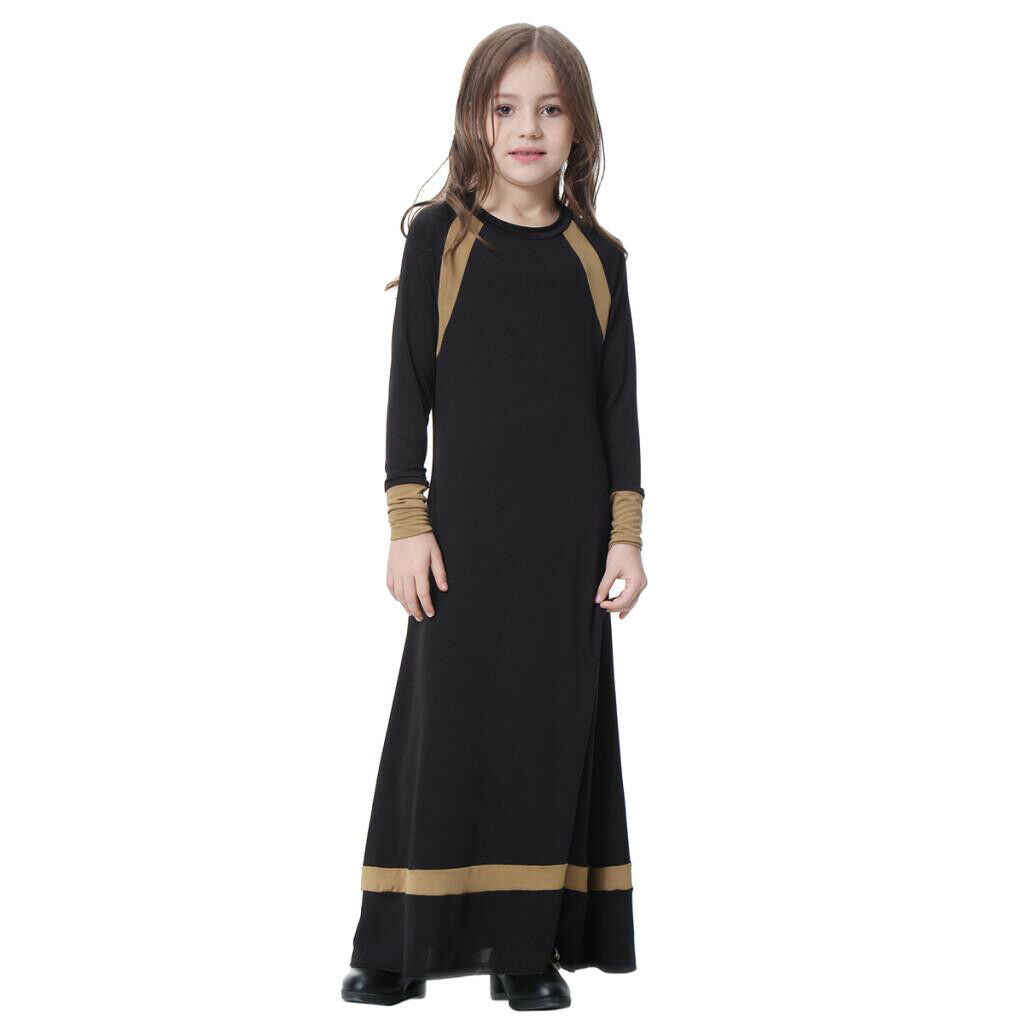 Girls Hit Color Long Sleeve Muslim Maxi Dress Ball Gown Abayas Black S