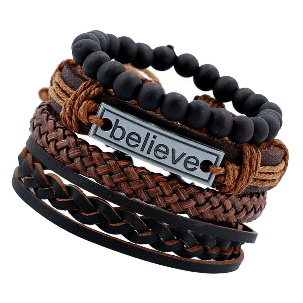 HOT 4Pcs Mens Leather Bracelet BELIEVE Carved Adjustable Multilayer Bangles