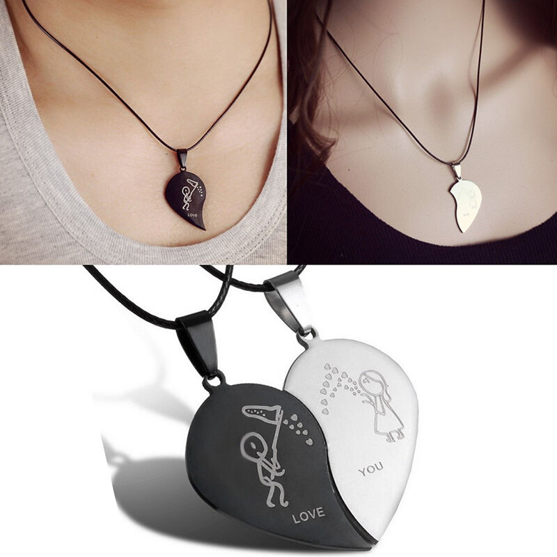 Couple Broken Heart Pendant Black Cord Engrave Love You Choker Necklace  .l8