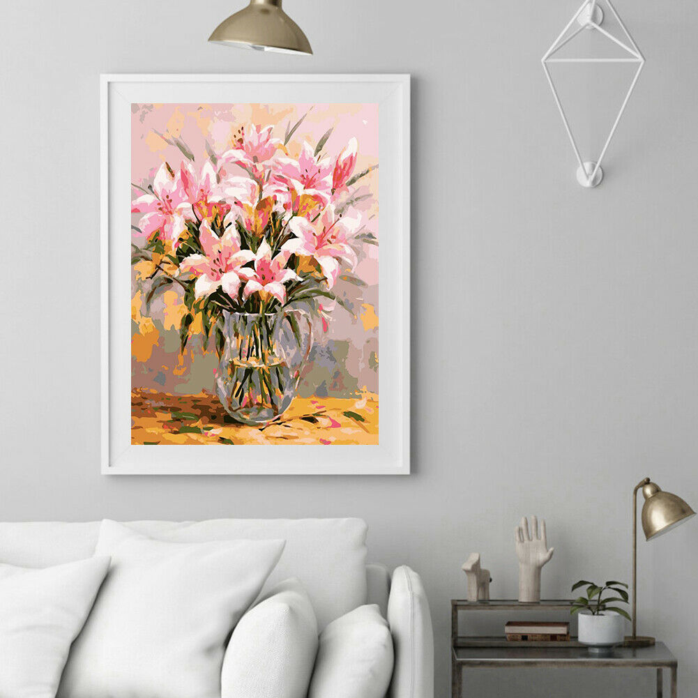 Painting By Numbers Kit DIY Lily Flower Hand Painted Canvas Oil Art Picture @