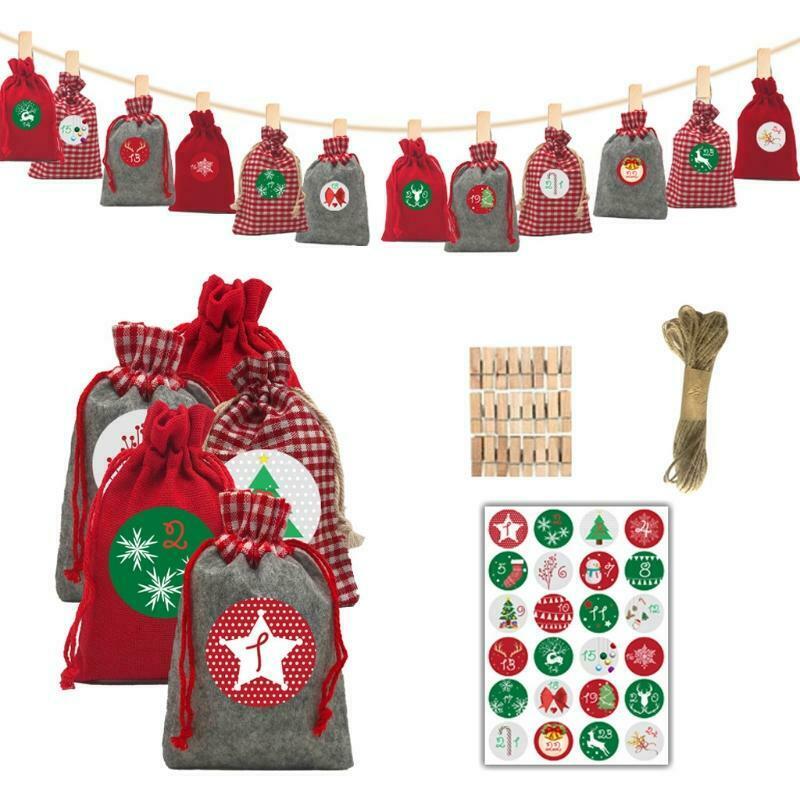 2021 Red Christmas Advent Calendar 24 Days Hanging Drawstring Candy Bags DIY
