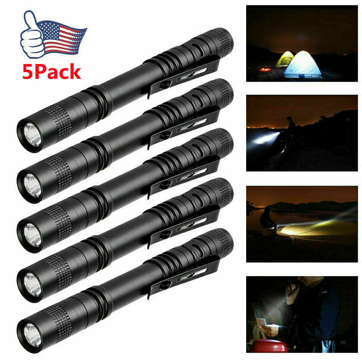 5* LED Flashlight Clip Mini Light Pocket Penlight Portable Pen Torch Lamp Set US