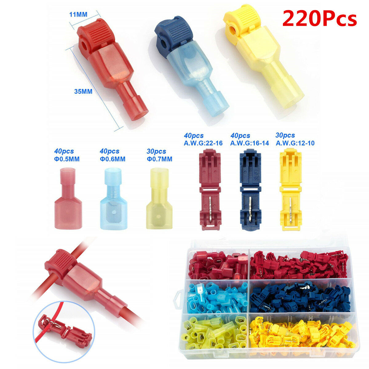 220pc Insulated Quick Splice Wire Terminals T-Tap Kit Male Spade Wire Connectors