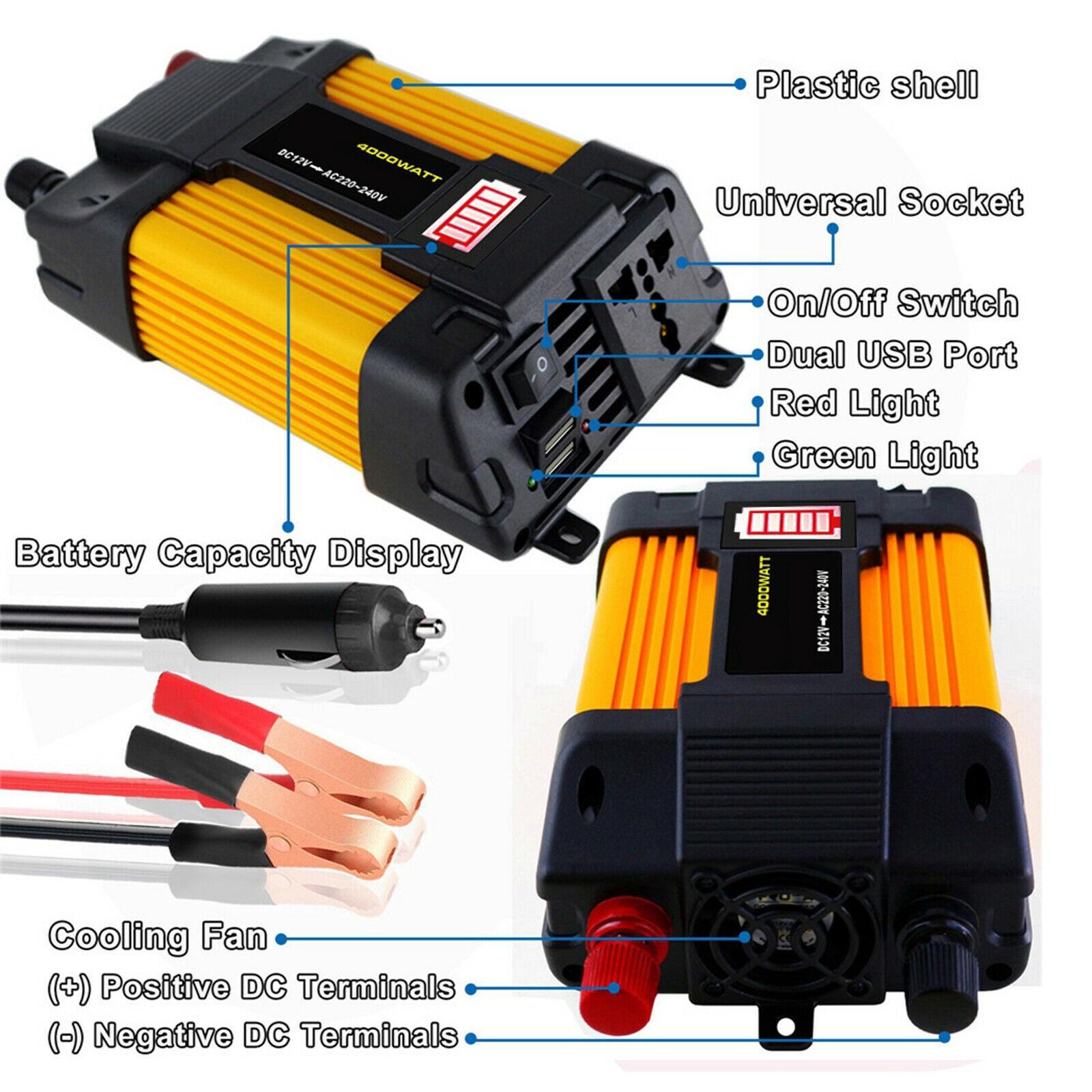 Inverter and 2 Battery Clip Charger for Outdoor Power Supply 220V 300W 4000W