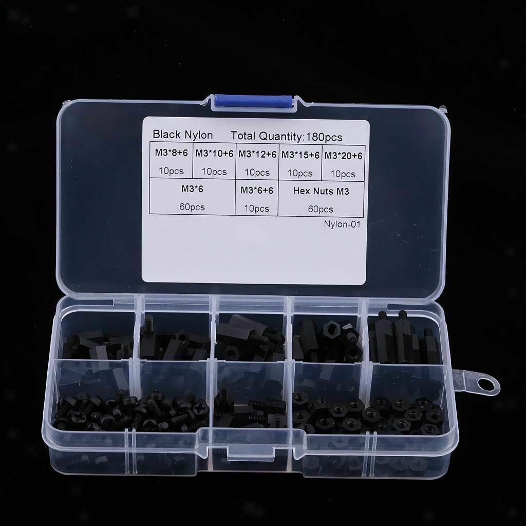 180Pcs Nylon M3 M-F Black Screw Nut Assorted Hex Spacers Stand-off Kit Set + Box
