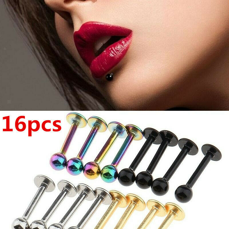 16Pcs Labret Bar Tragus Lip  Nose Stud Stainless Steel Body Jewellery