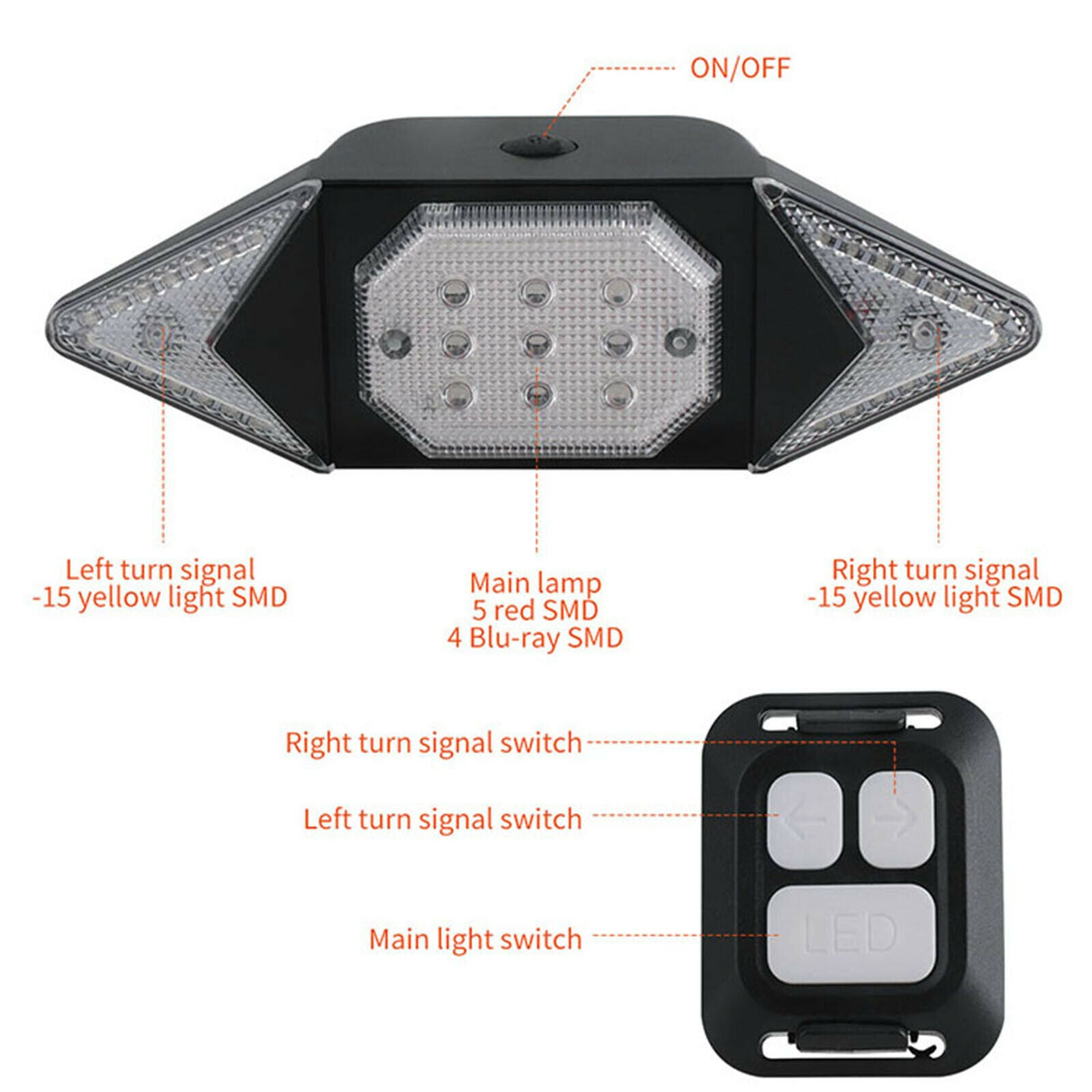 Rechargeable LED Bike Rear Lamp Wireless Remote Control Cycling Taillight  @