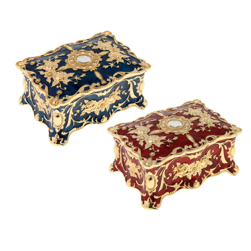 Retro Enamel Flower Sculpture Trinkets Chest Jewelry Box Organizer Dark Blue