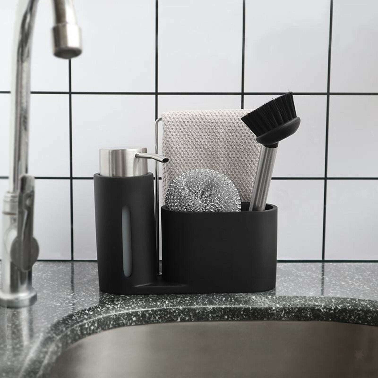 Kitchen Soap Dispenser Brush Rag Storage Holder Caddy for Sink Bathroom